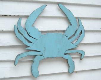 Décoration murale côtière de crabe bleu, art mural très grand crabe bleu, crabe en bois à personnaliser avec lettrage, décoration nautique, art de crabe