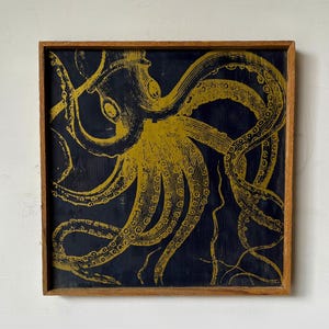 Octopus Print Kraken on Wood Wall Art, Tentacle Wall Art, Beach House Decor Ready to Ship One of-a-Kind Deep Sea Ocean