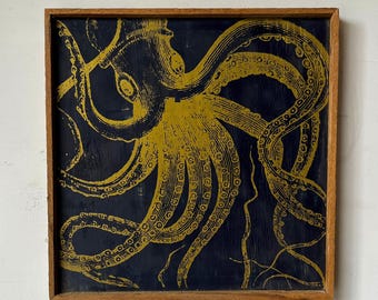 Octopus Print Kraken on Wood Wall Art, Tentacle Wall Art, Beach House Decor Ready to Ship One of-a-Kind Deep Sea Ocean