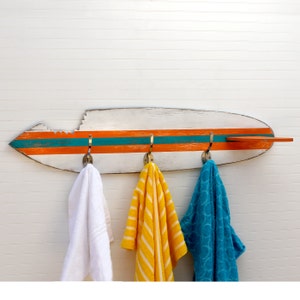 Surfboard Towel Hook Shark Bite Wooden Surfboard Towel Rack Customizable Beach House Entryway Hook