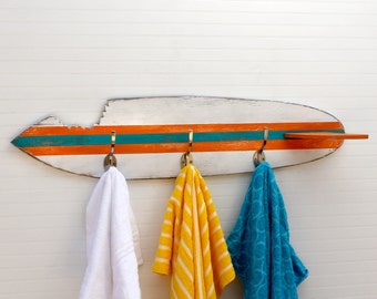 Surfboard Towel Hook Shark Bite Wooden Surfboard Towel Rack Customizable Beach House Entryway Hook