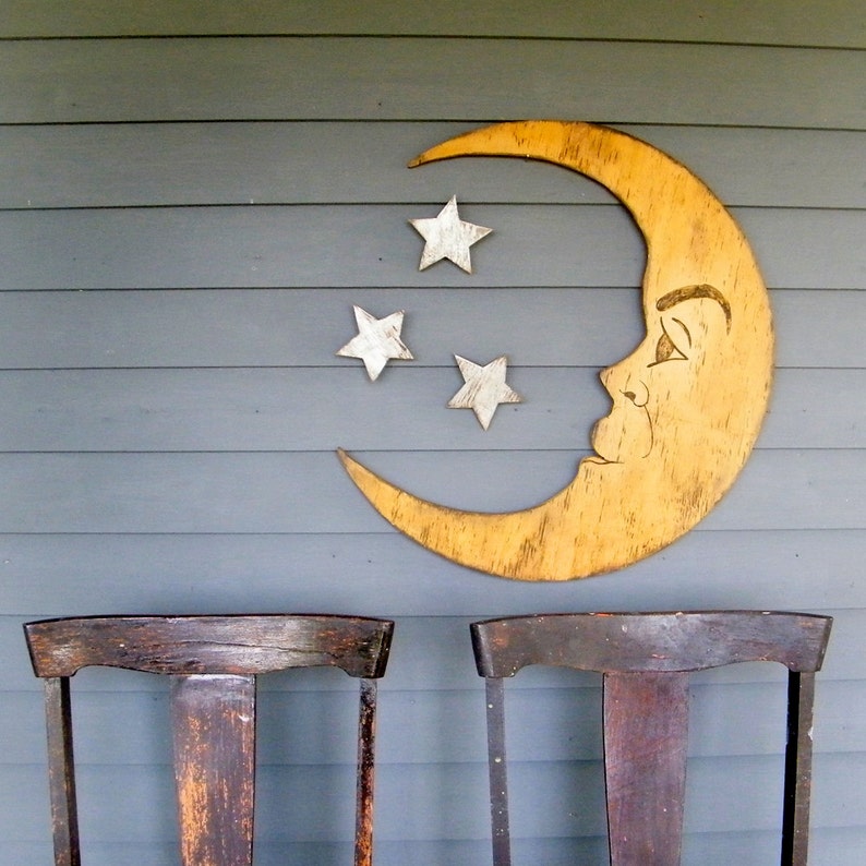 Moon Sign Nursery Decor Crescent Moon Lunar Man in the Moon Large Scale Vintage Style Moon Sign Halloween Decor image 1