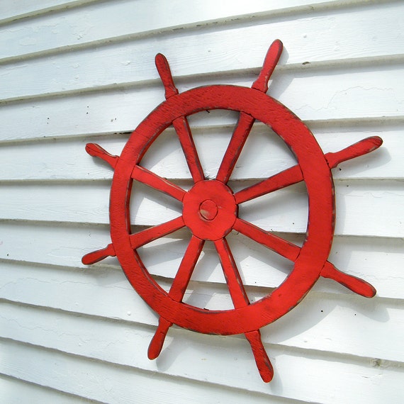 36'' Hand Painted Wooden Ship Wheel Distressed White Nautical beach home Decor 