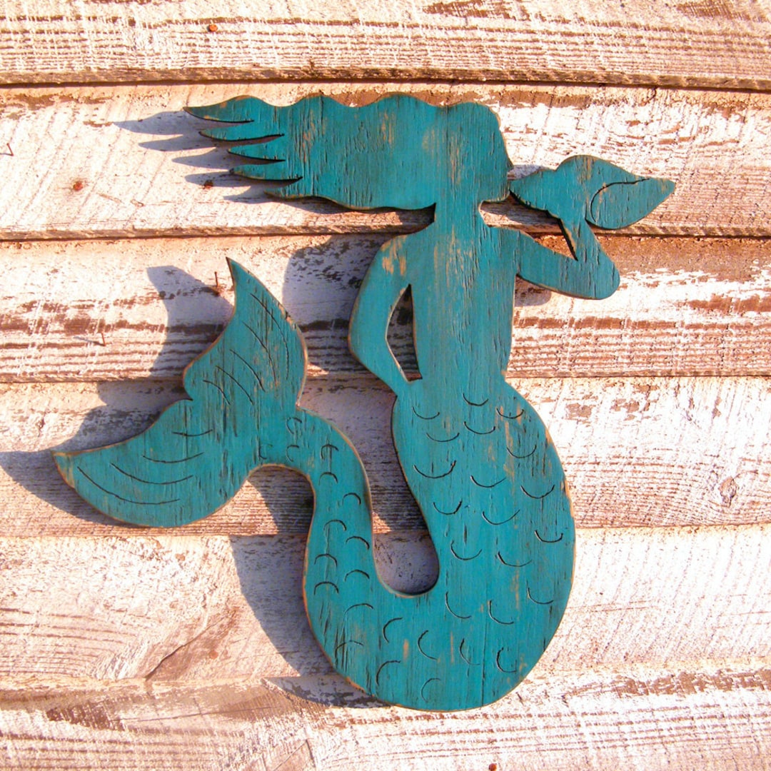Mermaid Decor Wooden Coastal Decor Sitting Mermaid Wall Art for Her ...