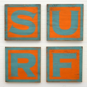Wood SURF Decor Letter Set 4 pc Surf Sign Surf Decor Idea Dorm Teen Room Surfing Decor Surf Art Beach Decor Wood Letters