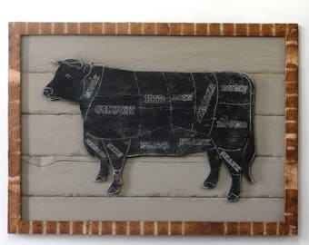 Framed Butcher Cow Sign Kitchen Wall Decor Wooden Framed Butcher Shop Cow Meat Chart Wooden Kuh