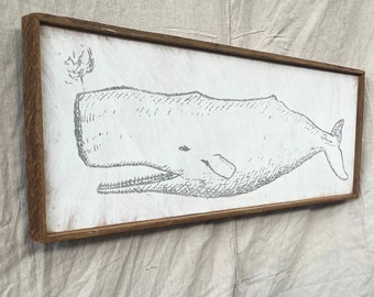 White Whale Print Framed Ready to Ship Nautical Decor Whale Art Wooden Beach Decor Wall Art Gift for Her CapeCod Whaling Sperm Whale Artwork