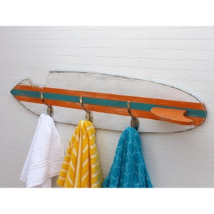 Surfboard Towel Hook Shark Bite Wooden Surfboard Towel Rack Customizable Beach House Entryway Hook image 2