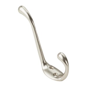 May include: A silver metal hook with a curved design. The hook has three holes on the back for mounting.