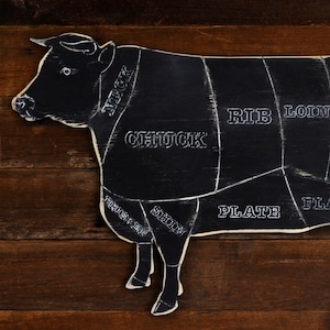 Rustic Cow Butcher Shop Sign Beef Cut Meat Chart Restaurant Decor Cow Kitchen Decor Butcher Diagram Meat Cuts Cow on Rustic Background