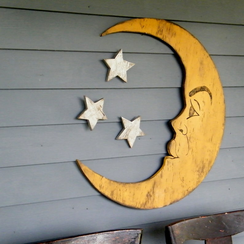 Moon Sign Nursery Decor Crescent Moon Lunar Man in the Moon Large Scale Vintage Style Moon Sign Halloween Decor image 3