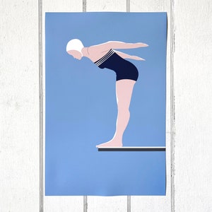 Springboard Diving Print Beach House Decor Diving Woman Original Art Giclee Print Art Print Swim Art Diving Art Woman Diving Lake House Art