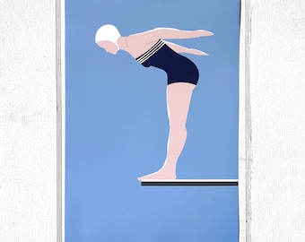 Springboard Diving Print Beach House Decor Diving Woman Original Art Giclee Print Art Print Swim Art Diving Art Woman Diving Lake House Art