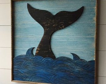 Whale Tail Art Coastal Decor Nautical Whale Decor Whale Tail Beach Decor Wooden Whale Ocean Art Whale Decor Large Scale 30x30