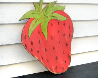 Strawberries Sign - Carved in a 40x8 Solid Wood Board Rustic Distressed Farmers Market Vintage