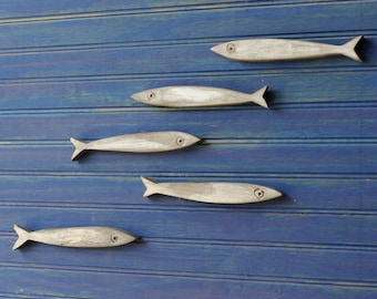 Minnow Fish School Set of Five Fishes Smelt Sardines Guppies Fish Decor Wooden Fish School