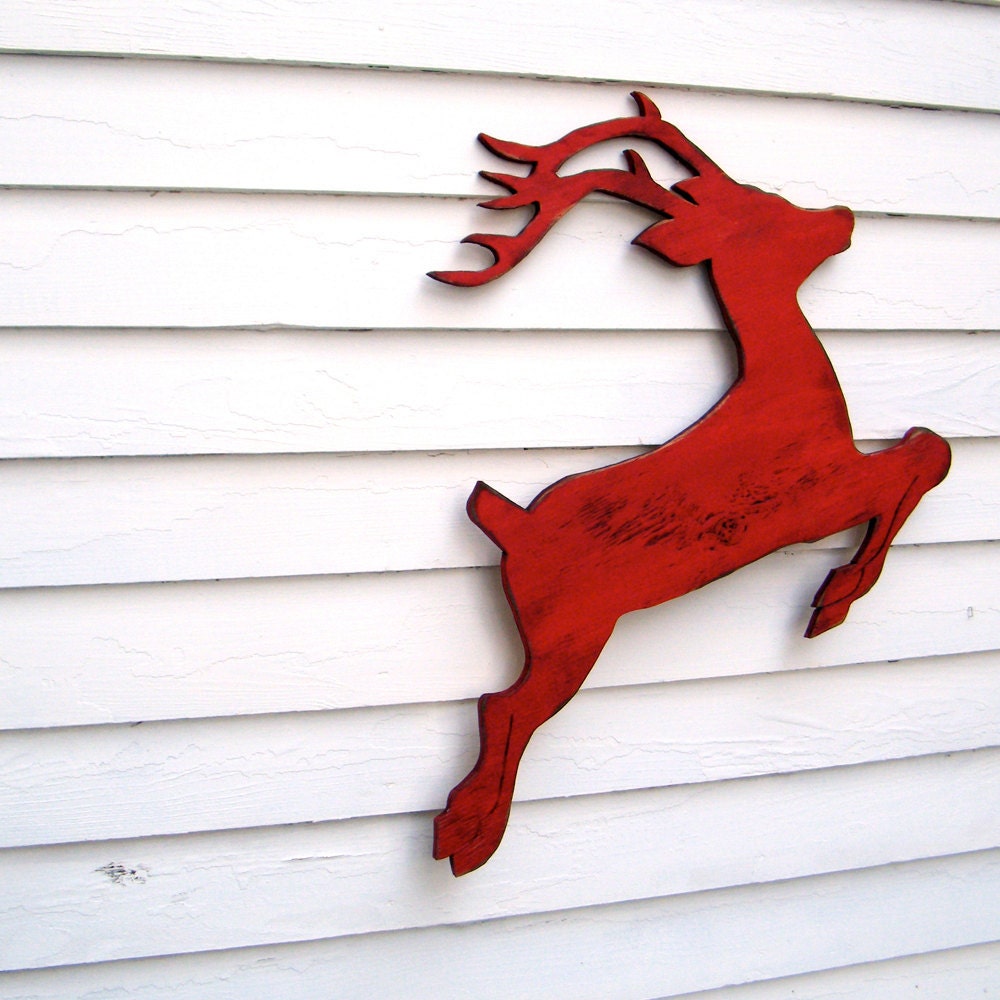 Reindeer Christmas Decor Red Wooden Flying Deer Reindeer Etsy