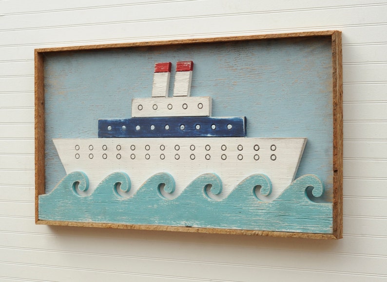 Framed Ship Art Folk Art Ocean Liner Nautical Decor Nursery Etsy