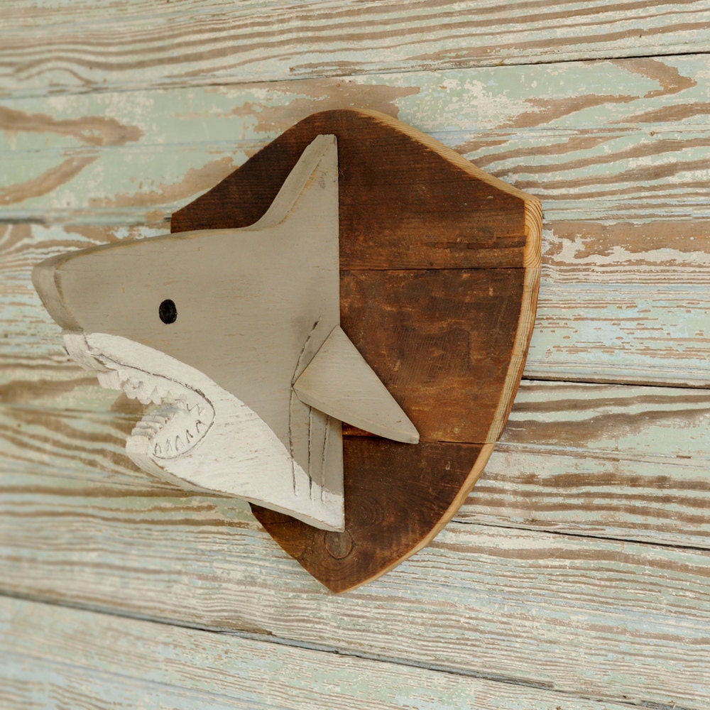 Wooden Shark Head Decor Trophy Kids Baby Nursery Great White Wall Art