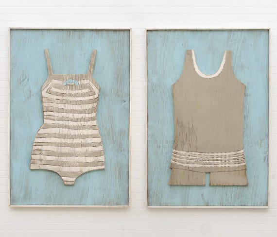 Vintage Swimsuit Art, Nautical Wall Art, Wooden Framed, Beach House Wall Art, Lake House Decor, Bathing Suit Wall Art Beach Art
