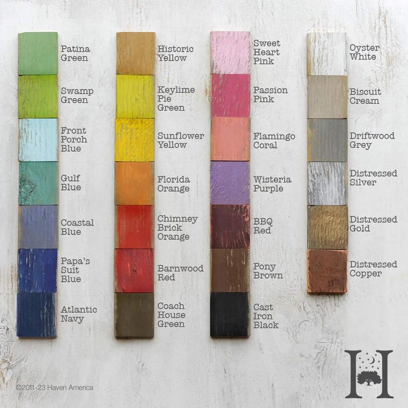 May include: A color palette display featuring wooden blocks painted in various shades. Colors include Patina Green, Historic Yellow, Sweet Heart Pink, and Oyster White. Each block is labeled with its color name, offering a visual guide for design inspiration.