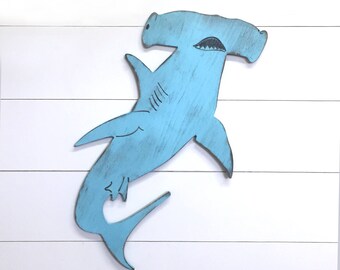 ハンマーヘッドシャークの木製装飾、魚のアート、男の子の部屋、海岸