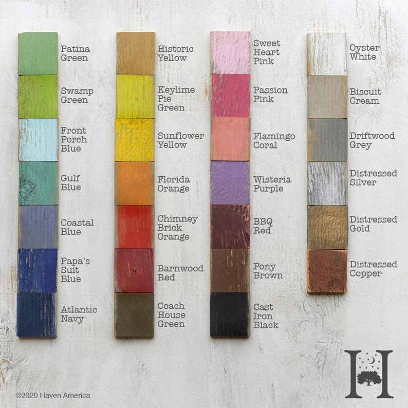 May include: A chart of 10 different wood stain colors, with each color labeled with a descriptive name. The colors are: Patina Green, Swamp Green, Front Porch Blue, Gulf Blue, Coastal Blue, Papa's Suit Blue, Atlantic Navy, Historic Yellow, Keylime Pie Green, Sunflower Yellow, Florida Orange, Chimney Brick Orange, Barnwood Red, Coach House Green, Sweet Heart Pink, Passion Pink, Flamingo Coral, Wisteria Purple, BBQ Red, Pony Brown, Cast Iron Black, Oyster White, Biscuit Cream, Driftwood Grey, Distressed Silver, Distressed Gold, Distressed Copper.