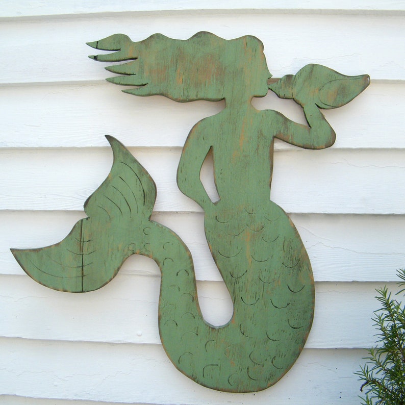 Mermaid Decor Wooden Coastal Decor Sitting Mermaid Wall Art for Her Conch Shell Beach House Decor Coastal Living Decor Outdoor Decor image 3