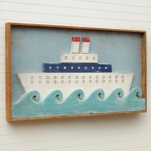 Nautical Folk Art Wood Ship Art Folk Art Ocean Liner Nautical Decor Nursery Wall Art Kids Room Decor Cruise Ship