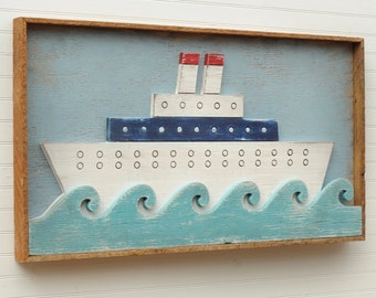 Nautical Folk Art Wood Ship Art Folk Art Ocean Liner Nautical Decor Nursery Wall Art Kids Room Decor Cruise Ship