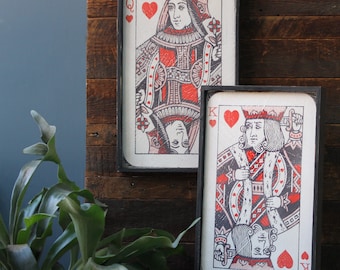 Playing Card Artwork Game Room Decor King and Queen Wall Decor Queen of Hearts Poker Wall Art Framed Wood Prints 2 piece Set Gift for Him