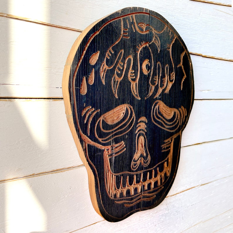 Pressure Skull Cresent Moon Halloween Decoration New Orleans Art Ready to Ship Gift Wooden Skull Special Sugar Skull Gift for Him image 2