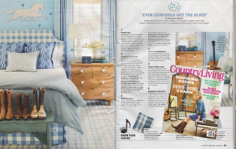 May include: A magazine spread featuring a bedroom with a blue and white gingham bedspread, a wooden dresser, and a pair of cowboy boots. The magazine cover features a rustic farmhouse with the text "Inspiring Rooms with Down-Home Charm" and "102 Fun Finds for Your Best Fried Chicken Ever! The New Guide to Rustic".