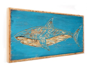 Large Fish Wall Art Carved Shark Wall Art Framed Great White Shark Art Beach House Decor Wooden Fish Decor Gift for Him