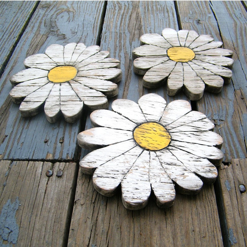 Daisies Wooden Shabby Chic Set of 3 Boho Garden Flower Spring Flowers image 1