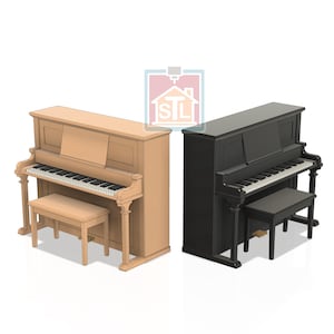 May include: Two upright pianos, one light brown and one black, are shown together. Each piano has a matching bench. The pianos have black and white keys and music rests. The image has a white background.