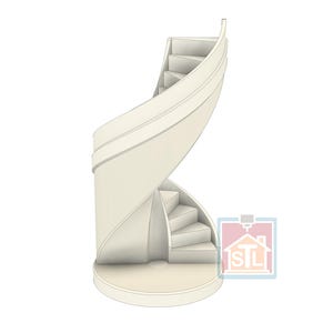 May include: A cream-colored spiral staircase design. The staircase has a circular base and a curved outer wall. The steps are visible as they ascend. The design is a 3D rendering, with a logo in the bottom right corner.