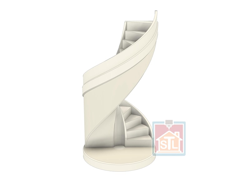 May include: A cream-colored spiral staircase design. The staircase has a circular base and a curved outer wall. The steps are visible as they ascend. The design is a 3D rendering, with a logo in the bottom right corner.