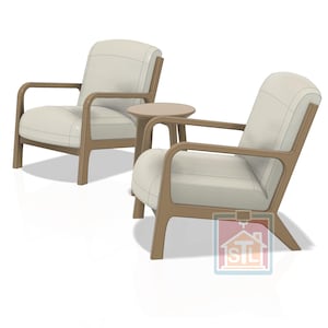 May include: Two armchairs with a small side table. The chairs have light-colored cushions and wooden frames. The side table is round and made of wood. The furniture is set against a white background.