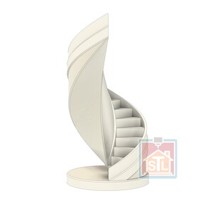May include: A 3D-printed, off-white spiral staircase model. The design features a curved, flowing form with a series of steps ascending along the inner curve. The base is a circular platform. The model is a decorative item.