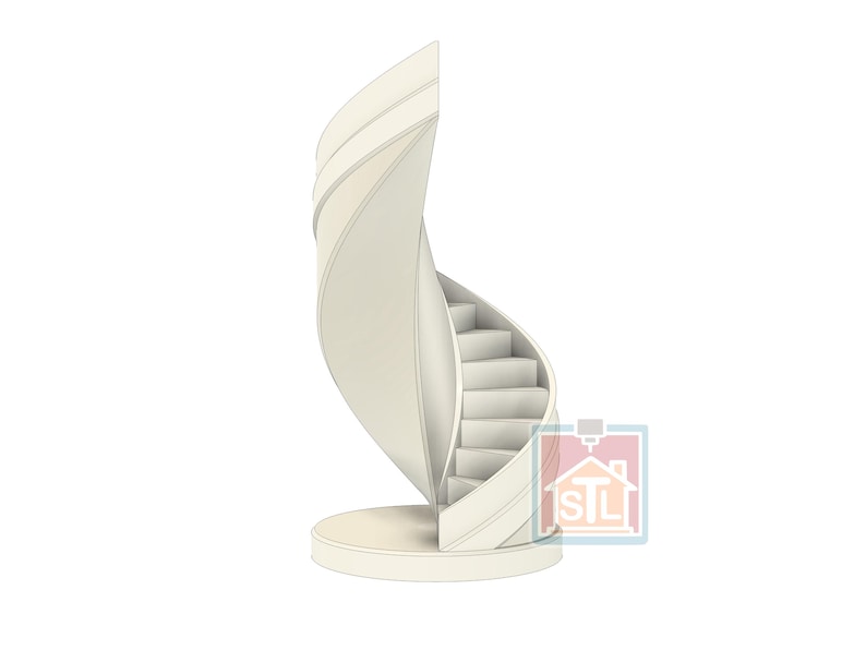 May include: A 3D-printed, off-white spiral staircase model. The design features a curved, flowing form with a series of steps ascending along the inner curve. The base is a circular platform. The model is a decorative item.