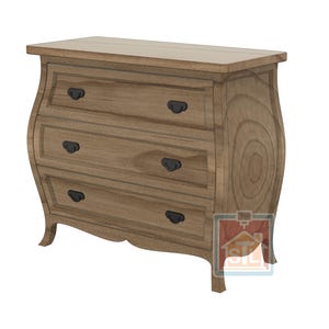 K&ouml;nnte beinhalten: Eine dreischubladige Holzkommode mit hellbraunem Finish. Die Kommode hat geschwungene Seiten, schwarze Schubladengriffe und einen leicht geschwungenen Boden. Die Holzmaserung ist auf der Oberfl&auml;che sichtbar.