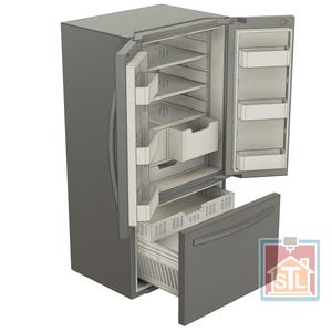 Puede incluir: Un refrigerador gris de puertas francesas con dos puertas superiores y un cajón congelador inferior. El interior cuenta con múltiples estantes, compartimentos en las puertas y cajones extraíbles. Un logo cuadrado con STL y una casa está abajo.