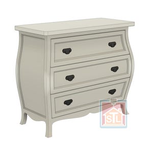 May include: A light grey three-drawer chest of drawers. The chest features a curved front and black drawer pulls. The design is classic and elegant, suitable for bedroom or living room storage. The chest is approximately 91 cm wide.