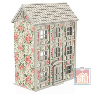 May include: A three-story dollhouse with a light gray frame and a shingled roof. The exterior walls feature a floral pattern with pink roses and green leaves. The front facade includes a central arched doorway and multiple rectangular windows.