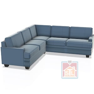 Puede incluir: Un sofá seccional azul con un diseño moderno. El sofá tiene una configuración en esquina con una chaise longue en un lado. Los cojines y los reposabrazos son de color azul liso. El sofá se apoya en patas negras.