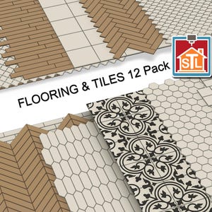 Könnte beinhalten: Darstellung von 12 verschiedenen Bodenbelags- und Fliesendesigns. Das Bild zeigt verschiedene Muster, darunter Fischgrät-, sechseckige und florale Motive, in Braun-, Beige- und Schwarztönen. Der Text "FLOORING & TILES 12 Pack" wird angezeigt.