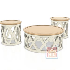 May include: Three-piece coffee table set. The tables have a cream-colored, openwork base with a geometric design. The round tabletops are light brown. The set includes a large coffee table and two smaller side tables.