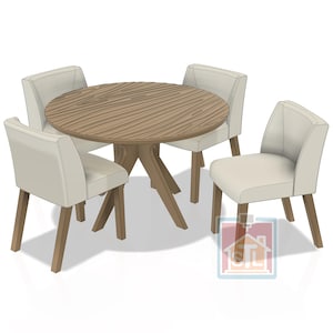 May include: A round wooden dining table with a textured surface, surrounded by four cream-colored chairs with wooden legs. The chairs have a curved back design, creating a modern dining set.