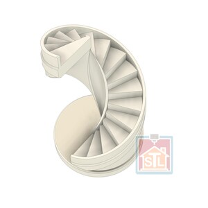 May include: A 3D-rendered, off-white spiral staircase. The staircase curves gracefully, with each step clearly defined. The design is minimalist, with a smooth, clean aesthetic. The structure is set against a plain white background.